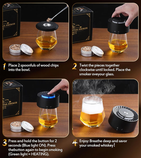 Electric Whiskey Smoker Kit with LED Light,6 Wood Chip Flavor,No Butane Needed,Rechargeable Cocktail, Old Fashioned Smoker Kit,Bar Set Accessories Gifts for Men,Dad, Husband, Birthday