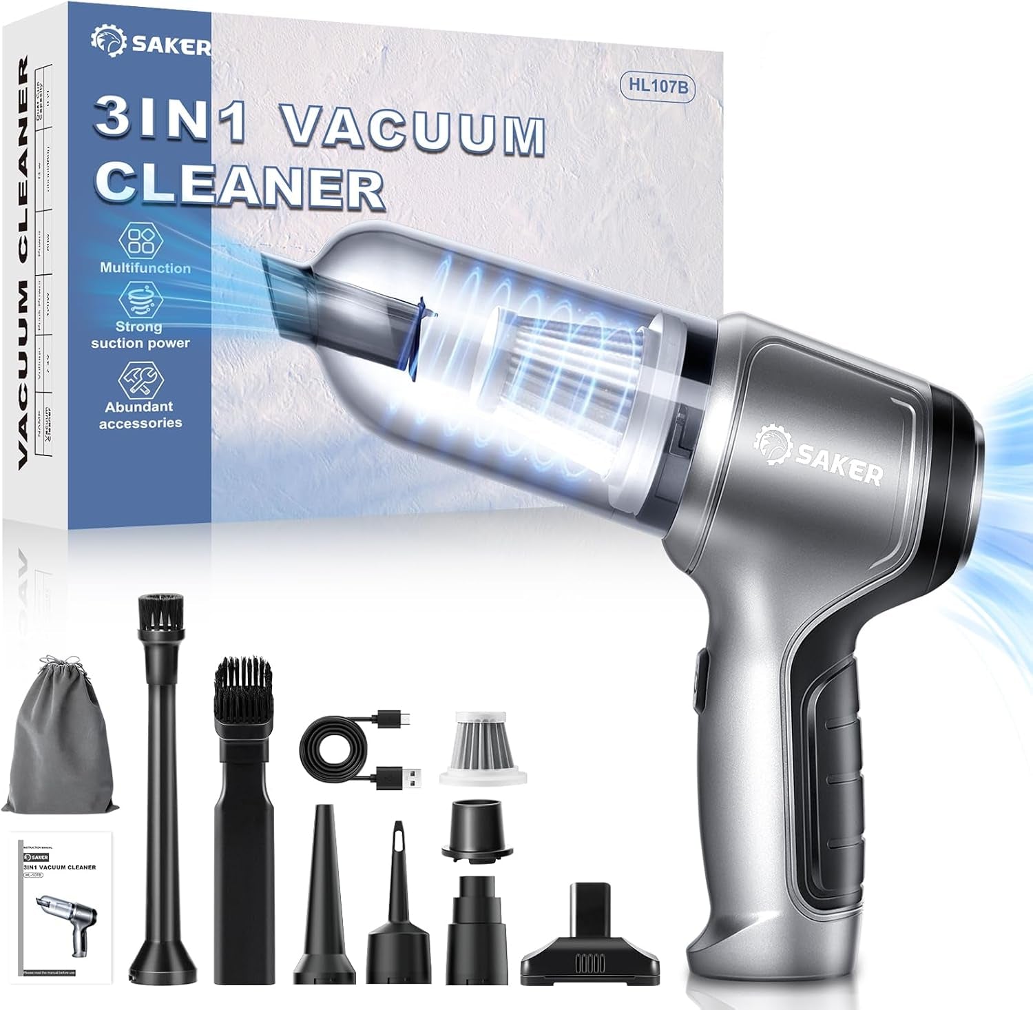 Saker Car Vacuum Cleaner Cordless,Handheld Vacuum Cleaner Type C,Mini Portable Vacuum with Brushless Motor 15000PA Powerful for Car,Keyboard,Office and Home Cleaning