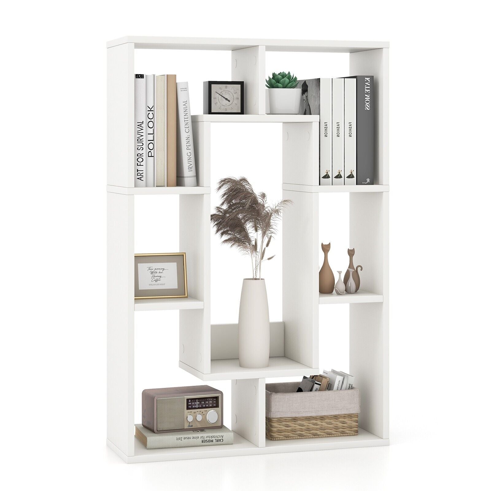 GOFLAME 7-Cube Bookcase Wooden Storage Geometric Bookshelf Corner Decorative Display