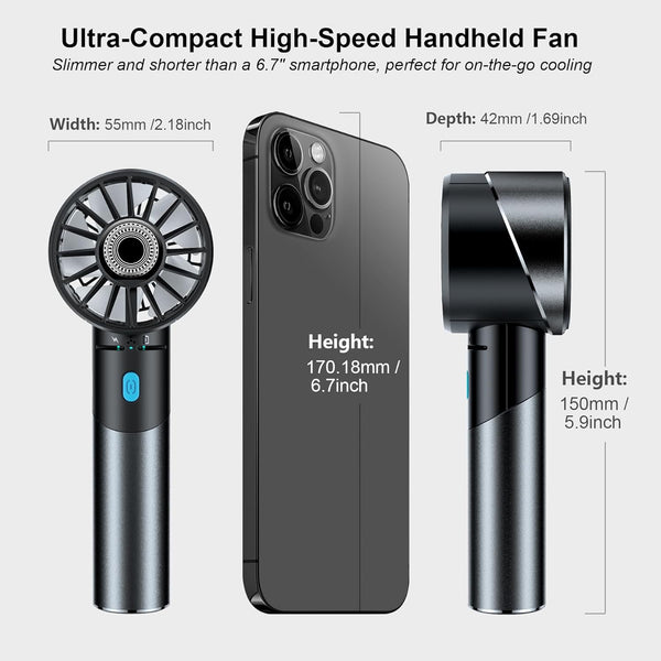 Handheld Fan, 7000RPM Turbo Portable Fan with 16H Battery, 4-Speed USB Rechargeable Mini Fan | Metal Alloy Pocket Fan, Travel Essentials for Outdoor, Travel, Office, Home | Summer Gift, Grey