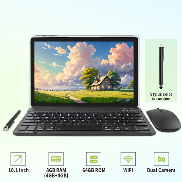 Tablet Computer, 10.1 Inches, Equipped with The Latest Android 15 System, Maximum Expandable 1TB Storage, 8GB RAM (4GB+4GB Expandable), 64GB ROM, Equipped with Keyboard, Mouse, Stylus and Protective Case, Stylus Color Random, 5000mAh Battery
