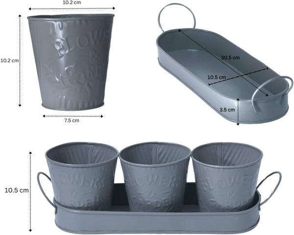 Trendi – Set of 3 Metal Plant Pots with Drip Tray | Embossed Indoor & Outdoor Plant Pots for Garden, Windowsill, Kitchen & Desk | Decorative Metal Flower Pots for Herbs & Plants | Light Grey