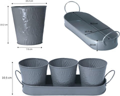 Trendi – Set of 3 Metal Plant Pots with Drip Tray | Embossed Indoor & Outdoor Plant Pots for Garden, Windowsill, Kitchen & Desk | Decorative Metal Flower Pots for Herbs & Plants | Light Grey