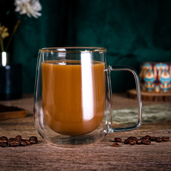 Vinsani Double Walled Coffee Drink Glasses Tea Cup Mug Heat Cold Resistant Aesthetic Clear Borosilicate Glass with Handle Cappuccino Latte Tea Dessert Hot and Cold Drinks