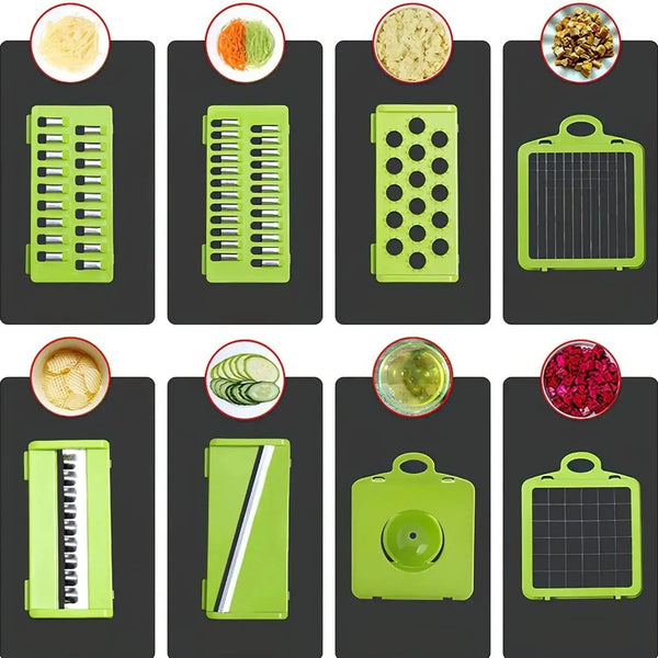 Multi-Purpose 14-in-1 Vegetable Chopper, Slicer, Dicer, and Grater, Kitchen Food Cutter for Onion, Tomato, Cucumber, Carrot, and More, Easy to Use and Clean, Gray