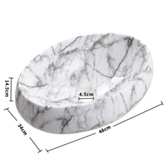 White Ceramic Bathroom Vanity Wash Basin Sink Countertop Oval Marble Effect Bowl With Stainless Steel Drainer Kit, Hand Wash Basin, Classic Design White Marble Effect Oval Sink for Bathroom Lavatory, Hotel Vanity Unit, 48x34x14.5cm, Only Basin