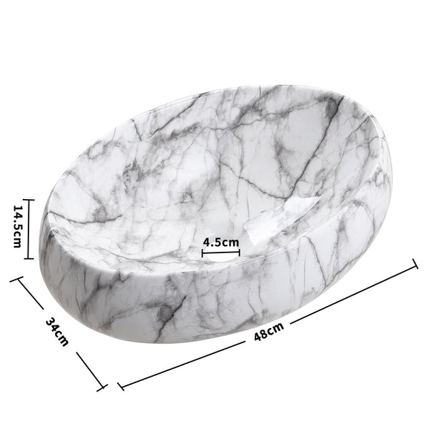 White Ceramic Bathroom Vanity Wash Basin Sink Countertop Oval Marble Effect Bowl With Stainless Steel Drainer Kit, Hand Wash Basin, Classic Design White Marble Effect Oval Sink for Bathroom Lavatory, Hotel Vanity Unit, 48x34x14.5cm, Only Basin