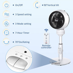 9'' Air Circulator Fan 3 Speed 3 Mode, 70 Oscillation 90 Vertical Tilt, Height Adjustable, Remote Controller, for Living Room, Bedroom, Office, Black and White