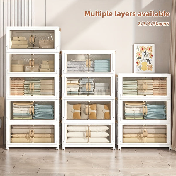 Large Foldable & Stackable Storage Cabinet with Wheels - Heavy-Duty Suitable for, Office, Dorm System, 2/3/4/5-Tier Plastic Shelving Unit with Lids, Space-Saving Foldable for Wardrobe, Bathroom, Freestanding Use