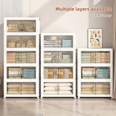 Large Foldable & Stackable Storage Cabinet with Wheels - Heavy-Duty Suitable for, Office, Dorm System, 2/3/4/5-Tier Plastic Shelving Unit with Lids, Space-Saving Foldable for Wardrobe, Bathroom, Freestanding Use