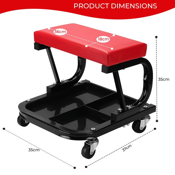 Rolling Mechanic Stool, 150kg Capacity, Soft Padded Creeper Trolley with Tool Tray, 4 Universal Casters, Heavy Duty Garage Workshop Seat Chair, Red