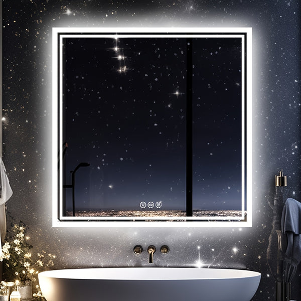 Square LED Bathroom Mirror Measuring 800X800Mm, Featuring Illuminated Backlighting, Wall Mounting, an Anti-Fog Demister, a Smart Touch Button, And Dimmable Settings for Makeup Application