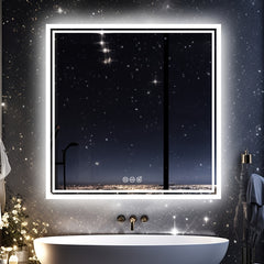 Square LED Bathroom Mirror Measuring 800X800Mm, Featuring Illuminated Backlighting, Wall Mounting, an Anti-Fog Demister, a Smart Touch Button, And Dimmable Settings for Makeup Application