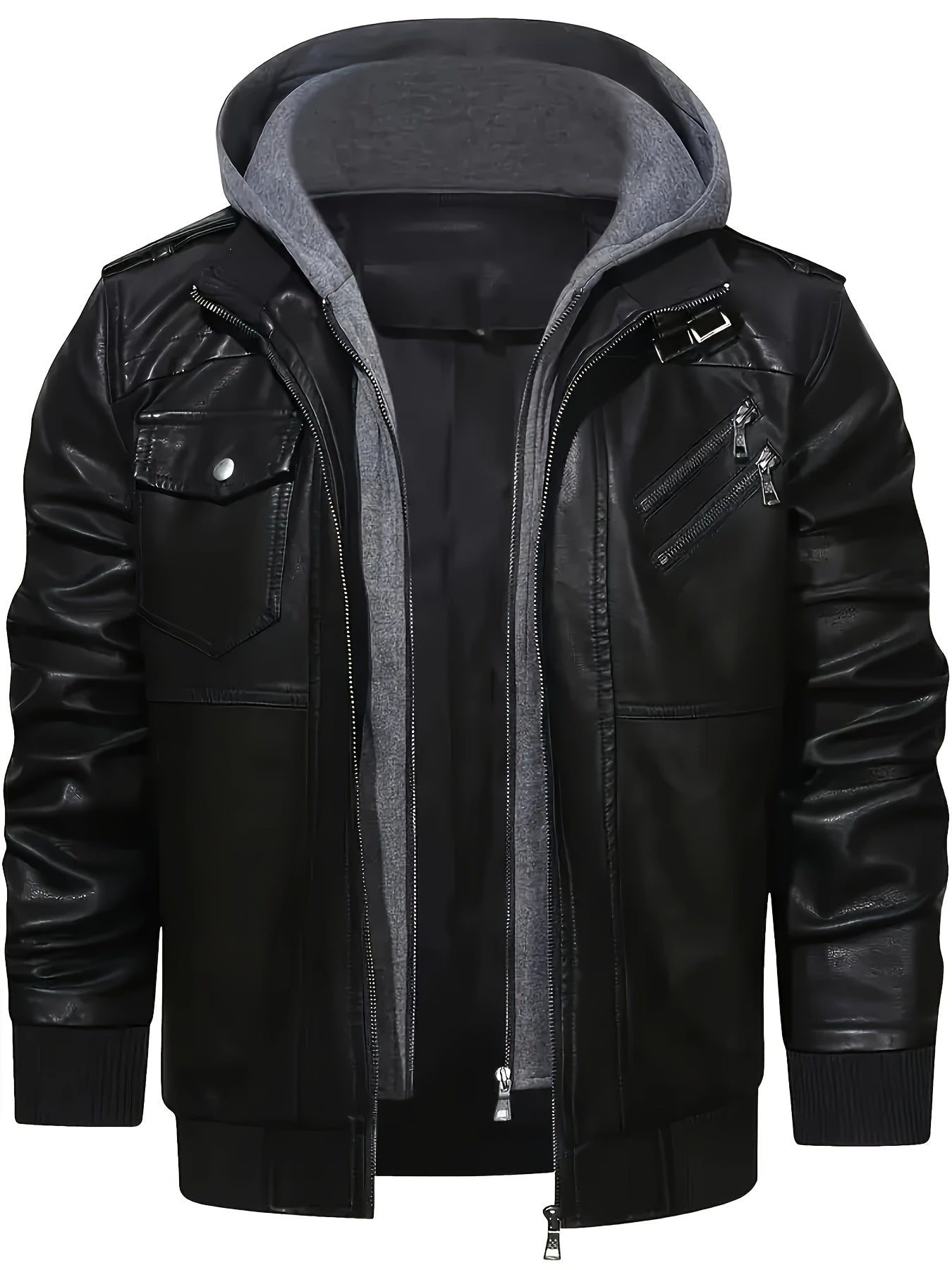 Men'S Black Hooded Jacket - Casual Style, Full-Zip Design with Pockets, Long Sleeves, Polyester Lining, Perfect for Outdoor Activities