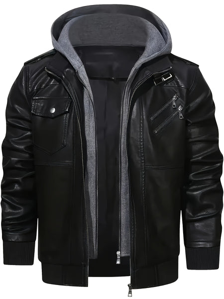 Men'S Black Hooded Jacket - Casual Style, Full-Zip Design with Pockets, Long Sleeves, Polyester Lining, Perfect for Outdoor Activities