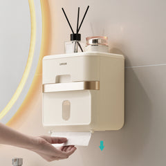 Luxury-inspired no-drill wall-mounted tissue dispenser, waterproof bathroom storage rack, kitchen paper holder, toilet roll holder, dual-purpose tissue/roll dispenser, multi-functional tissue storage rack. Compact design suitable for bathrooms, kitchens,