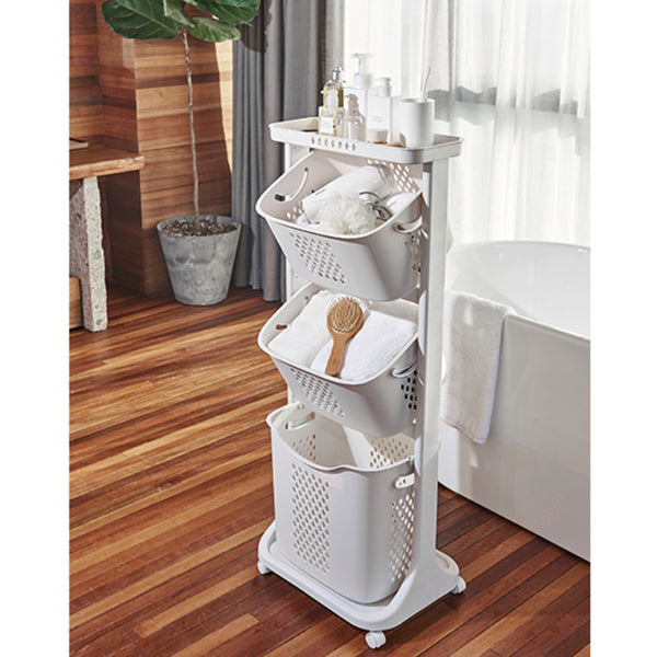 1pc, White Triple Layered, Bathroom Dirty Clothes Sorting Storage Basket, Household Multi-Purpose Laundry Changing Storage Basket, Fruit And Vegetable Snack Toy Storage Basket, Large Capacity to Save Space, with 4 Swivel Wheels, Smooth And Flexible Moveme