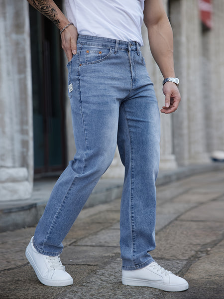 2025 Spring/Summer New Men's Light  Washed Faded Embroidered Slim-Fit Versatile Trendy Stretch Jeans