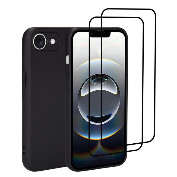 32nd Liquid Silicone Case Cover for iPhone 16e (2025) With 2 X Tempered Glass Screen Protectors, Slim and Durable Protective Case - Black