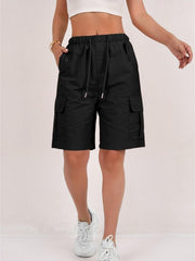 1pc Women' Elastic Waist Drawstring Cargo Shorts with Button Flap Pockets - Knee-Length Bermuda Utility Shorts Suitable for, Camping, Casual Wear, Machine Washable Multi- Shorts for Outdoor & Daily Outfits