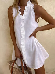 Women's Solid Mini Dress with Embroidery & Ruffle Trim