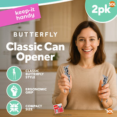 2 Pack Butterfly Can Opener | Manual Stainless Steel Kitchen Can Opener | Classic Hand Tin Opener with Ergonomic Grip | Compact Kitchen Tool for Home or Camping