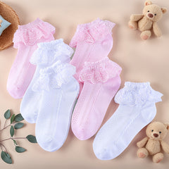 6 Pairs Girls Lace Socks Princess Style Ruffle Ankle Socks for Kids & Toddlers Thickened All-Season Design