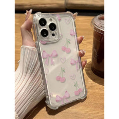 Phone Case: Girly Pink Cherry Bow Shockproof Anti-Slip Transparent Phone Case, for iPhone 17 Promax/Pro/ Air, 16 Plus, 15, 14 Pro Max, 13, 12, 11.wonderful Gift for Friends, Boys, Girls or Family.