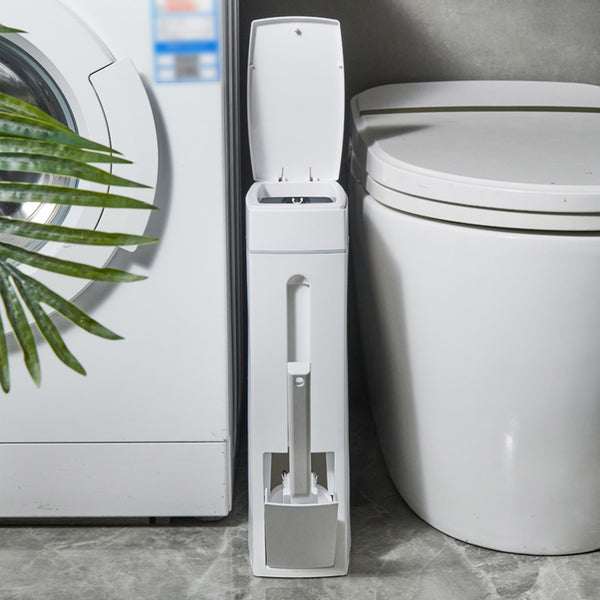 Slim Trash Can with Brush | Large Capacity Narrow Space Garbage Bin, Bathroom Waste Basket with Lid, Creative Home Cleaning Supplies, Plastic, Odor Sealing, No Electricity Needed