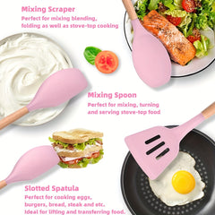 12pcs Silicone Cooking Utensil Set, Non- Stick Tools with Wooden Handles, Includes Storage Box, Kitchen Essentials, Ideal Gift for Mother, Wife, Pink