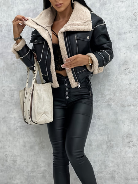 Women'S Autumn And Winter Lamb Casual Jacket, Motorcycle Style Flap Pocket Warm Coat, Drawstring Hem