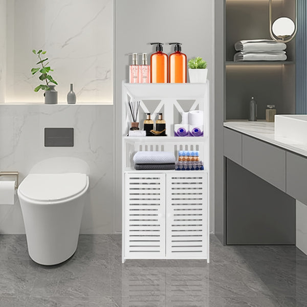 Bathroom Floor Cabinet Shelf FreeStanding Bathroom Storage Unit with Daily Use Layer And Cupboard Double Door, Multi-purpose PVC Cabinet for Store Toilet Paper, Shampoo, White 40x 25x 90cm