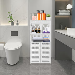 Bathroom Floor Cabinet Shelf FreeStanding Bathroom Storage Unit with Daily Use Layer And Cupboard Double Door, Multi-purpose PVC Cabinet for Store Toilet Paper, Shampoo, White 40x 25x 90cm