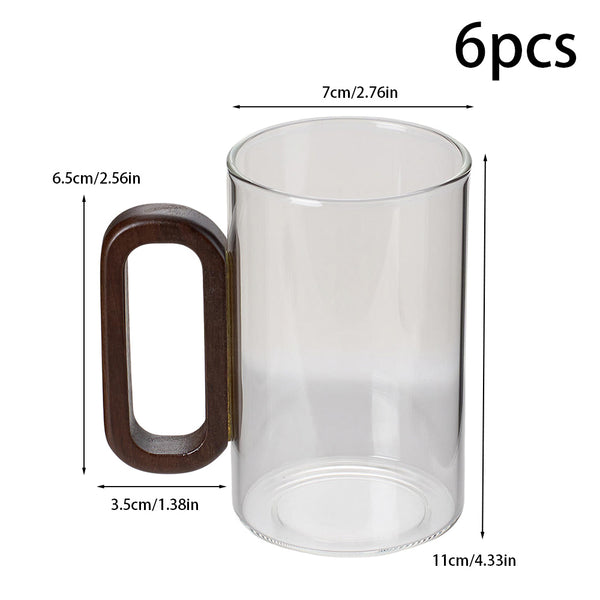 6pcs High Borosilicate Transparent Glass Cups, 360ml Vintage Wood Handle Tea Cups, Heat-Resistant Household & Office Tea Cups, Multi-Purpose Coffee Cups, Beverage Cups, Milk Cups, Suitable for Home, Office, Bar