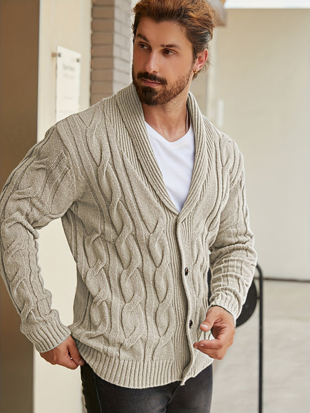 Men'S Solid Cable Knit Cardigan Fall Winter Button-Up Knit Coat