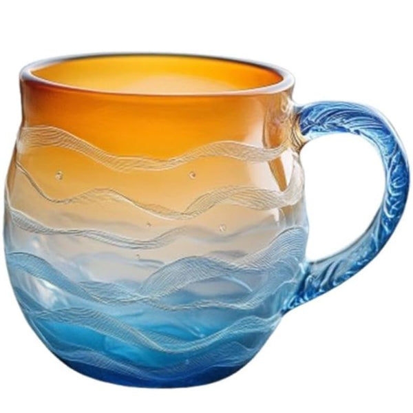 Sea Glass Wave Mug, 12oz Ocean Wave Glass Mug with Handle, Captivating Artistic Beach Sea Wave Coffee Cups Gift for Ocean Lovers, Drinking Coffee, Tea, Wine, Cocktails (Orange)