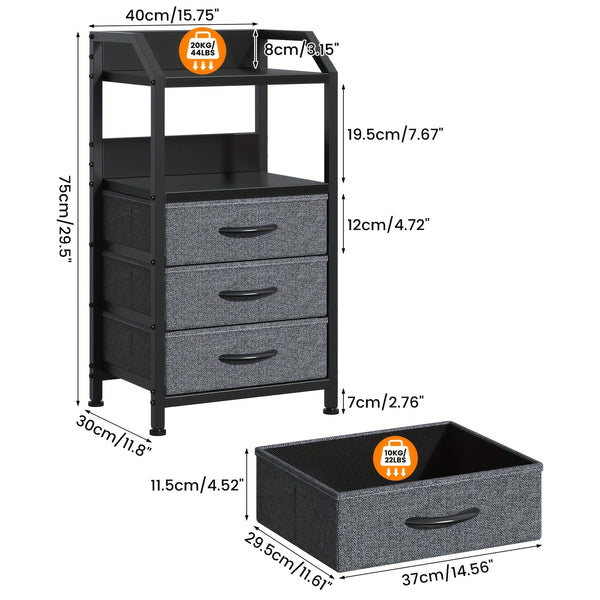 Modern Black Fabric Drawer Nightstand with Open Shelves - Engineered Wood & Metal Frame, 3 Drawers & Open Shelf, Compact 68.58cm Height, 3, 2 Cu Ft Storage, Easy Assembly for Bedroom, Living Room, Dorm, Office, Bedroom Storage, Contemporary Design, Sturdy