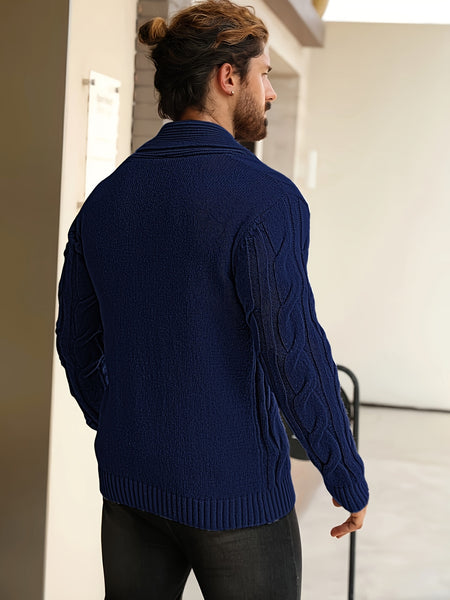 Men'S Solid Cable Knit Cardigan Fall Winter Button-Up Knit Coat