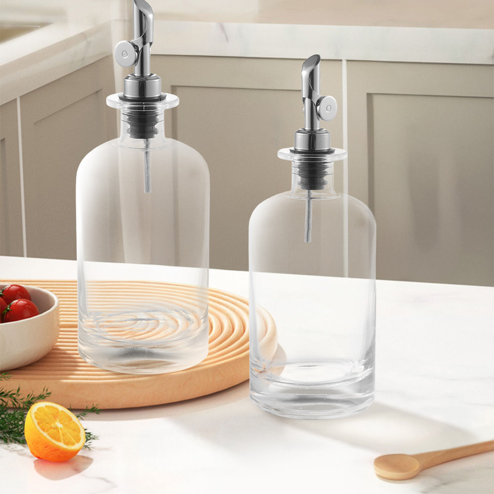 2pcs Olive Oil Dispenser Bottle for Kitchen, Glass Oil and Vinegar Dispenser Set, Coffee Syrup Dispenser, Kitchen Cooking Tools, 350ml/ 500ml, Silver/ Gold