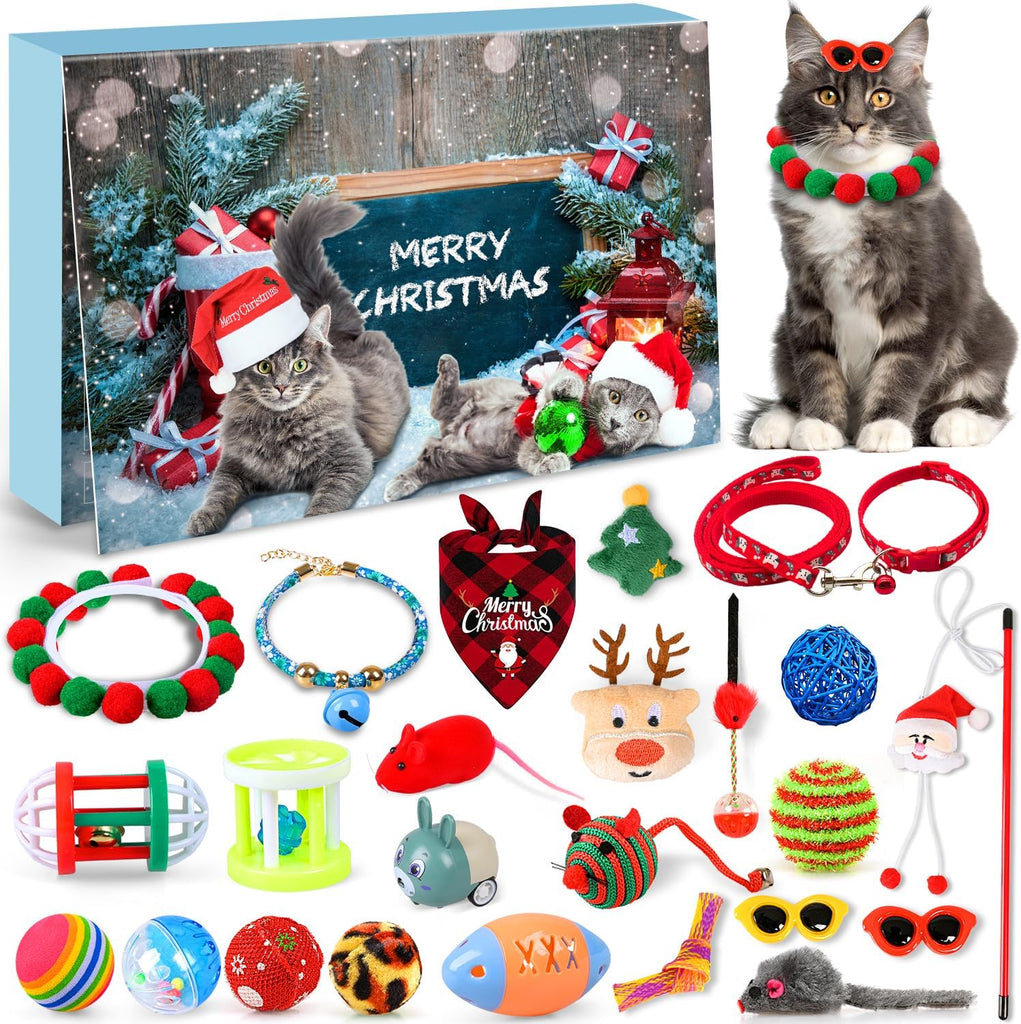 Izoel Cat Advent Calendar 2025 Christmas Interactive Toys for Indoor Christmas Gifts Collars Bow Tie Feather Toys Fish Fake Mouse Bell Balls for Cat Lover Gifts