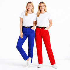 Women's Straight Leg Mid-Rise Chino Trouser Soft Denim Jeans in Blue and Red in Short Regular Long Size 6 8 10 12 14 16 18