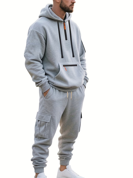 Men'S Fashion Casual Athletic Hooded Zipper Decor Casual Set