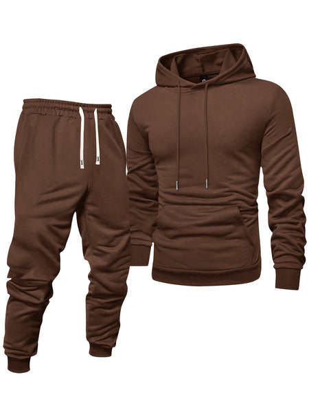 8pcs Men'S Hooded Sweatshirt + Sweatpants Autumn And Spring Casual Sports Suit Solid Color Plain Pullover Regular Long Sleeve Hoodie And Drawstring Elastic Waist Ribbed Ankle Pants
