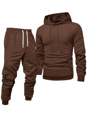 8pcs Men'S Hooded Sweatshirt + Sweatpants Autumn And Spring Casual Sports Suit Solid Color Plain Pullover Regular Long Sleeve Hoodie And Drawstring Elastic Waist Ribbed Ankle Pants