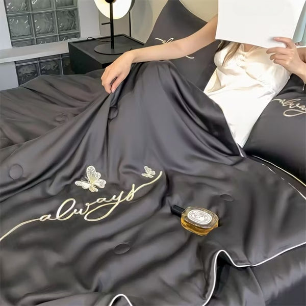 3pcs Ice Sliky Fiber Fabric Bedding Set- 1 Summer Quilt + 2 Pillowcases, Soft and Smooth to the Touch, Refreshing Breathable Moisture-Wicking Fine Weave, Machine Washable, Colorfast, All-Season Use