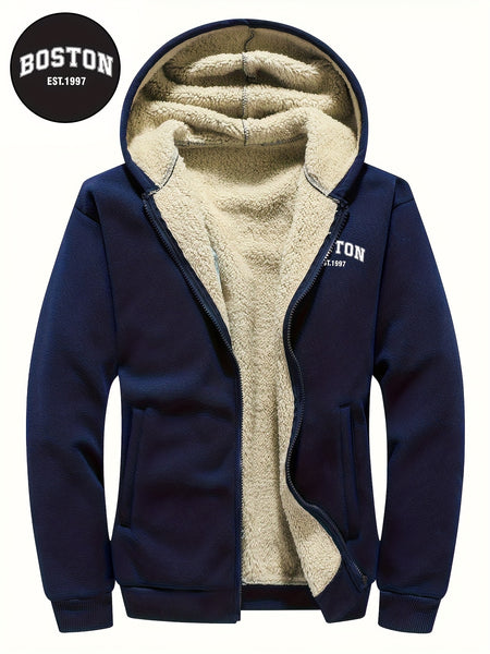 Men's Casual Zip-Up Hooded Jacket with Letter Print, Black & Beige Contrast, Regular Fit, Machine Washable, Front Pockets for Outdoor & Casual Attire