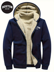 Men's Casual Zip-Up Hooded Jacket with Letter Print, Black & Beige Contrast, Regular Fit, Machine Washable, Front Pockets for Outdoor & Casual Attire