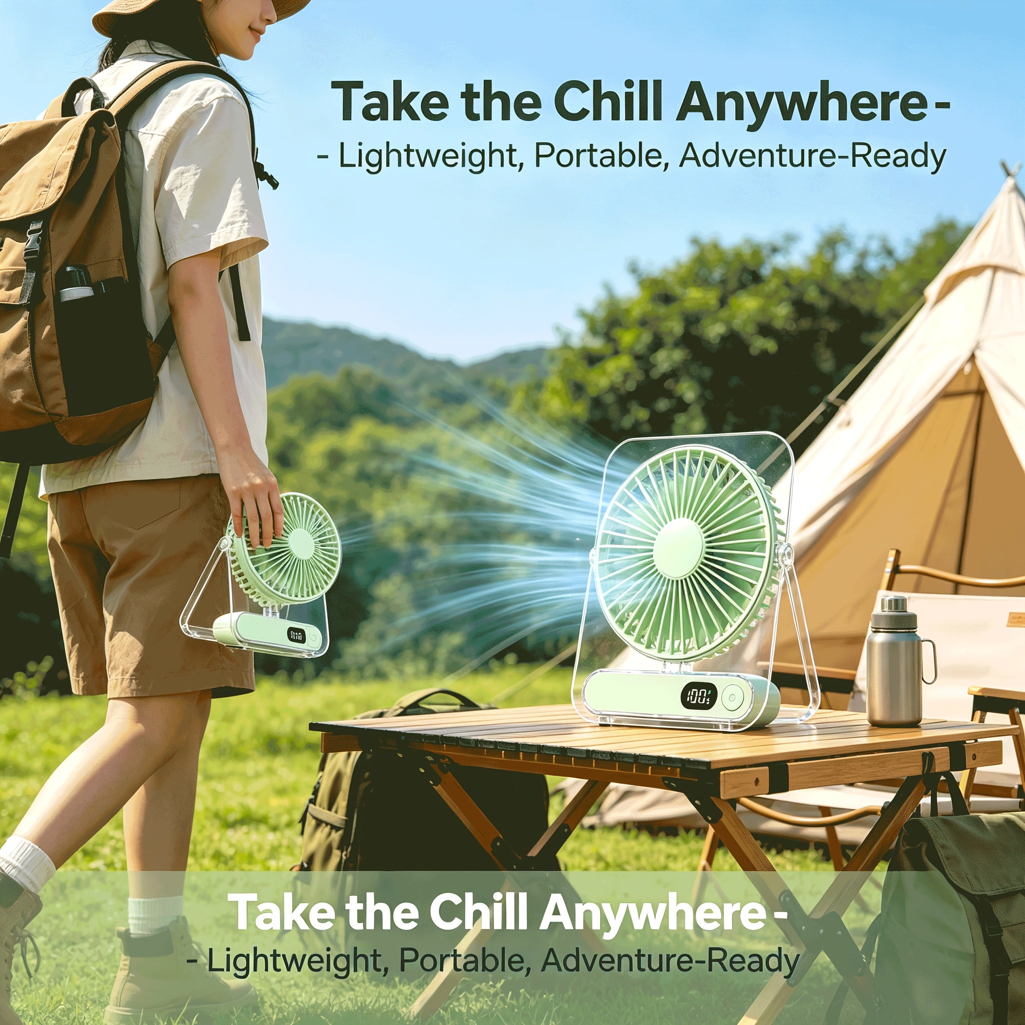 USB Desktop Fan, Portable Small Table Fan with 5 Speeds, 180° Foldable Rotation, Digital Battery Display, Ultra Quiet Strong Airflow, Cooling Fan for Bedroom Office Travel, For Outdoor Camping Travel