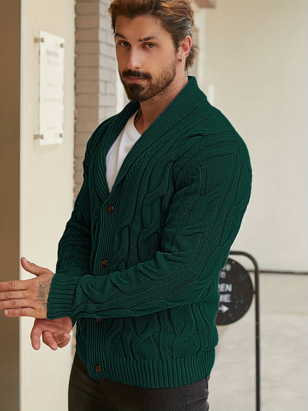 Men'S Solid Cable Knit Cardigan Fall Winter Button-Up Knit Coat