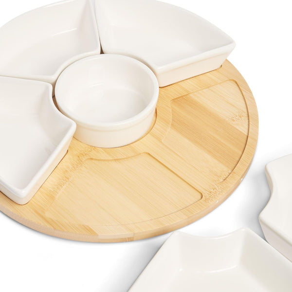 Christmas Divided tray as condiment bowl & snack platter, white buffet set for parties Rotating Snack Tray with 6 Removable Bowls Ceramic Divided Rotating Ceramic Serving Platter with Cover, Lazy Susan Storage Box for Taco Toppings, Snacks, Dip Sauces, Ki